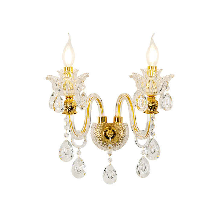 Skørter | Candle Holder Clear Crystal Glass Wall Lamp Mid Century 2-Light Living Room Wall Lamp in Gold
