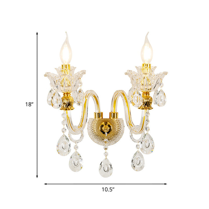 Skørter | Candle Holder Clear Crystal Glass Wall Lamp Mid Century 2-Light Living Room Wall Lamp in Gold
