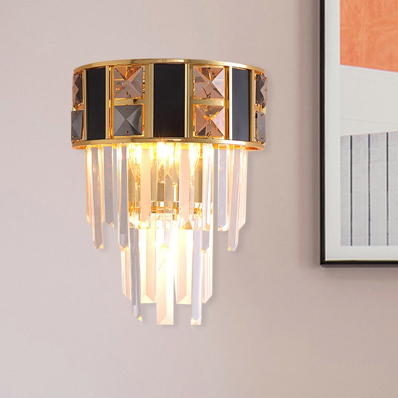 Lisslune | Black and gold staggered wall light Simplicity Clear K9 crystals 3 heads living room wall light