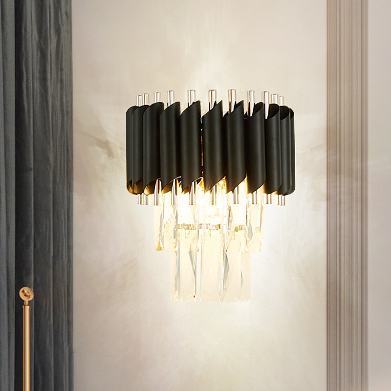 Lisslune | Contemporary Layered Wall Lighting 2-Light Clear K9 Crystal Wall Sconce Light in Black