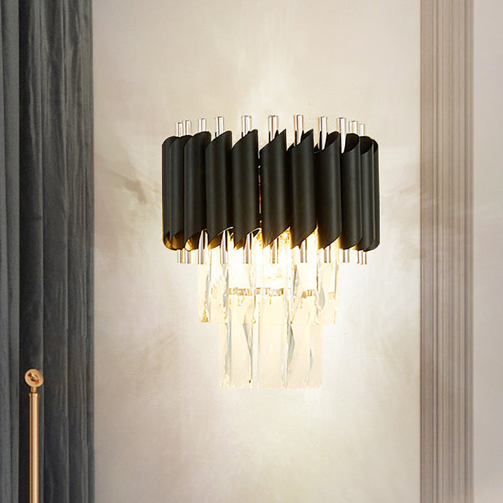 Lisslune | Contemporary Layered Wall Lighting 2-Light Clear K9 Crystal Wall Sconce Light in Black