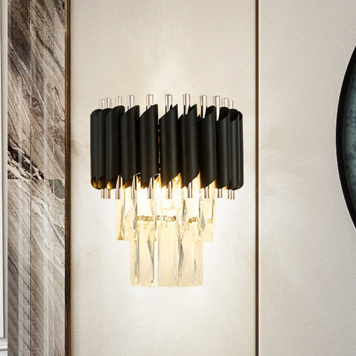Lisslune | Contemporary Layered Wall Lighting 2-Light Clear K9 Crystal Wall Sconce Light in Black