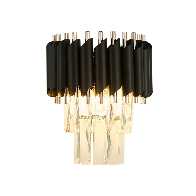 Lisslune | Contemporary Layered Wall Lighting 2-Light Clear K9 Crystal Wall Sconce Light in Black