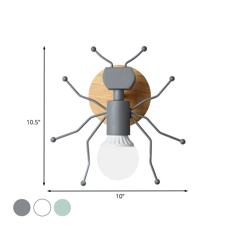 Skørter | Ant Metal Wall Light Nordic 1 Bulb Gray/White/Green Wall Lighting with Wooden Back Plate