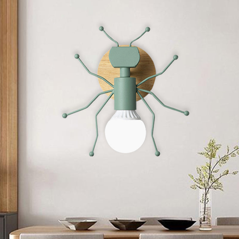 Skørter | Ant Metal Wall Light Nordic 1 Bulb Gray/White/Green Wall Lighting with Wooden Back Plate