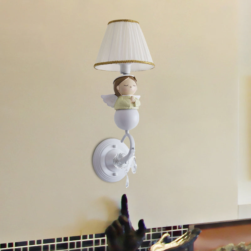 Skørter | Fabric Barrel Wall Lamp Fixture Cartoon 1-Head White Wall Lamp with Resin Angel Design