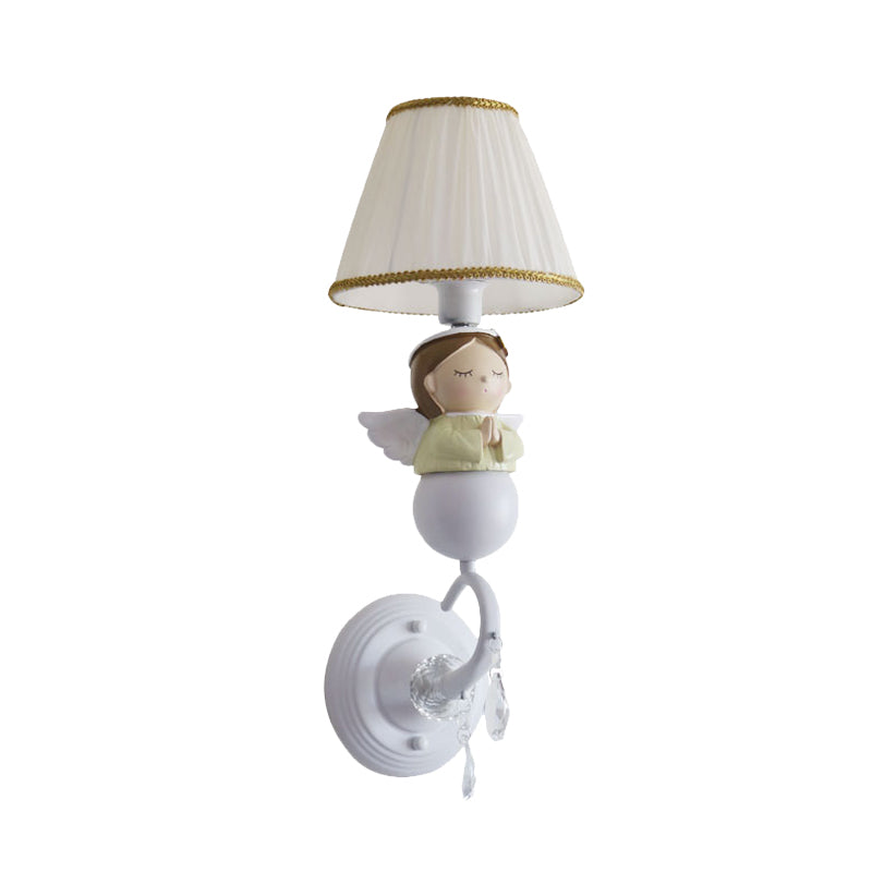 Skørter | Fabric Barrel Wall Lamp Fixture Cartoon 1-Head White Wall Lamp with Resin Angel Design