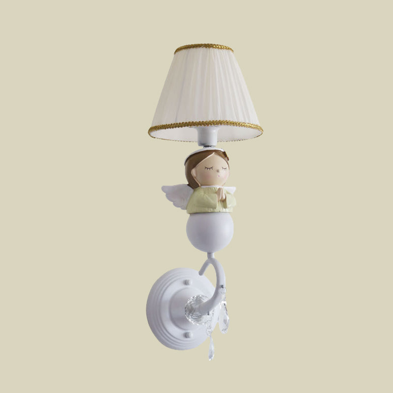 Skørter | Fabric Barrel Wall Lamp Fixture Cartoon 1-Head White Wall Lamp with Resin Angel Design