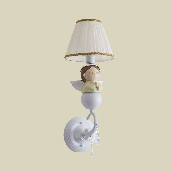 Skørter | Fabric Barrel Wall Lamp Fixture Cartoon 1-Head White Wall Lamp with Resin Angel Design