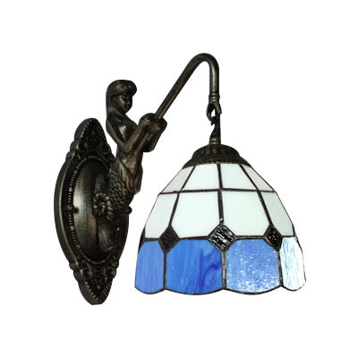Lisslune | 1 Head Wall Mount Light Tiffany Grid Pattern White and Blue Glass Wall Lamp Light