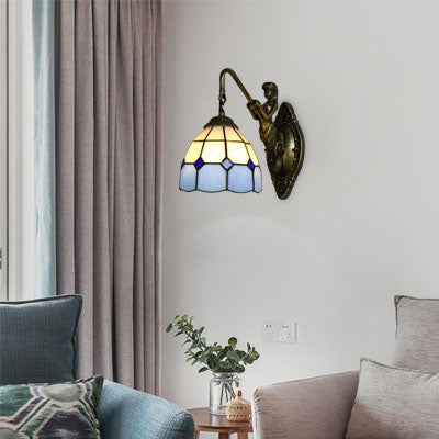 Lisslune | 1 Head Wall Mount Light Tiffany Grid Pattern White and Blue Glass Wall Lamp Light