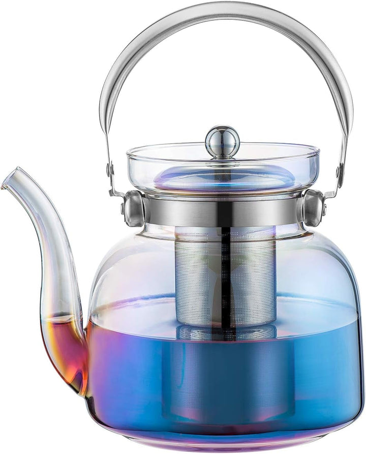 Lisslune | 50 Oz(1500Ml) Glass Teapot with Lid, Removable Stainless Steel Tea Strainer and Handle, Stovetop Safe Tea Maker for Blooming and Loose Leaf Tea (Iridescent)