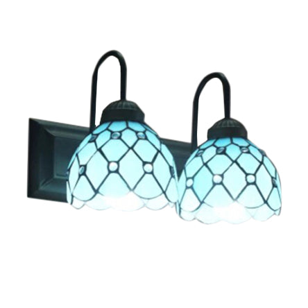 Lisslune | 2 Heads Dome Wall Mounted Light Tiffany Blue Glass Wall Lamp in Black