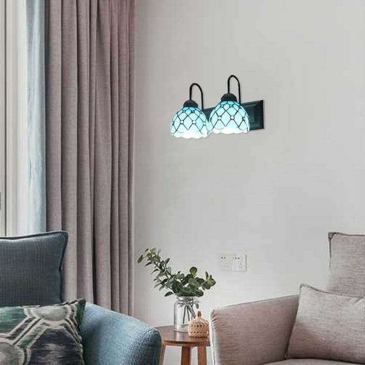 Lisslune | 2 Heads Dome Wall Mounted Light Tiffany Blue Glass Wall Lamp in Black