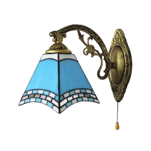 Lisslune | Mediterranean Pyramid Wall Light blue glass 1 light wall mount light with pull chain
