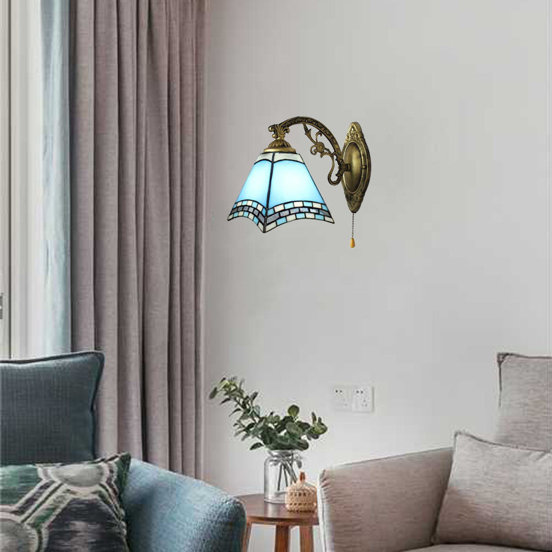 Lisslune | Mediterranean Pyramid Wall Light blue glass 1 light wall mount light with pull chain