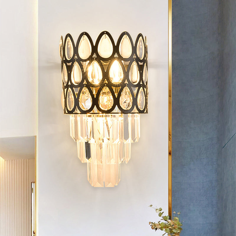 Lisslune | Minimalistic tiered wall light 3-bulb clear crystal wall lamp decor in black for the living room