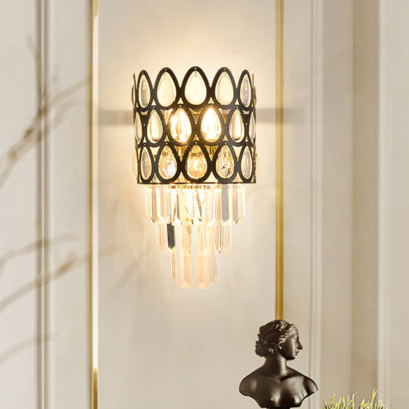 Lisslune | Minimalistic tiered wall light 3-bulb clear crystal wall lamp decor in black for the living room