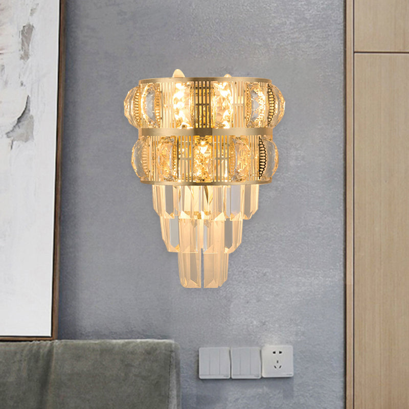 Lisslune | 3-Bulb Wall Light Modern Stacked Clear K9 Crystal Wall Sconce Lighting Decorative Item in Gold
