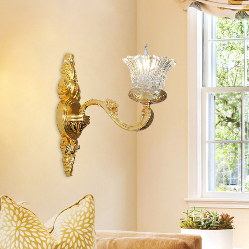 Lisslune | Single Bulb Crystal Glass Wall Light Simple Gold Flower Hallway Wall Light with Curved Arm