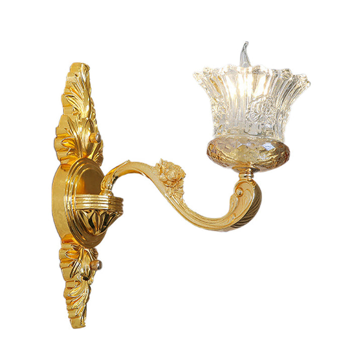Lisslune | Single Bulb Crystal Glass Wall Light Simple Gold Flower Hallway Wall Light with Curved Arm