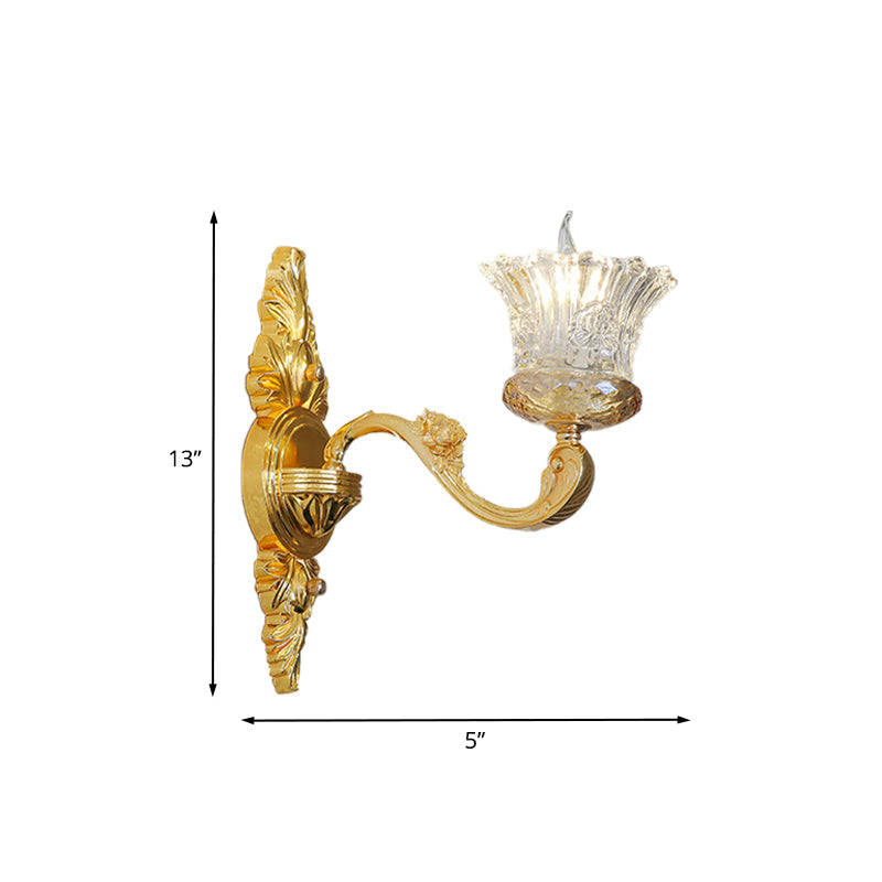 Lisslune | Single Bulb Crystal Glass Wall Light Simple Gold Flower Hallway Wall Light with Curved Arm