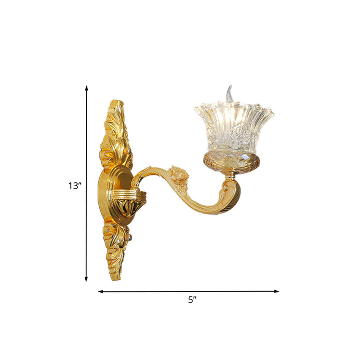 Lisslune | Single Bulb Crystal Glass Wall Light Simple Gold Flower Hallway Wall Light with Curved Arm