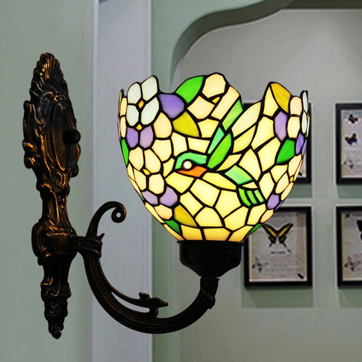 Lisslune | 1-Light Wall Sconce Baroque Flower Hand-Cut Glass Wall-Mounted Lighting in Bronze with Swirl Arm