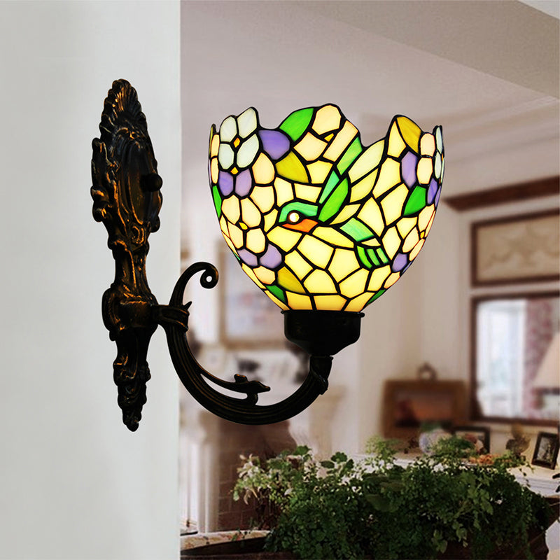 Lisslune | 1-Light Wall Sconce Baroque Flower Hand-Cut Glass Wall-Mounted Lighting in Bronze with Swirl Arm