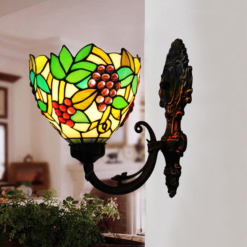 Lisslune | Tiffany Bowl Wall Lamp 1 Head Etched Glass Grape Pattern Wall Mount Lamp in Green and White/Black