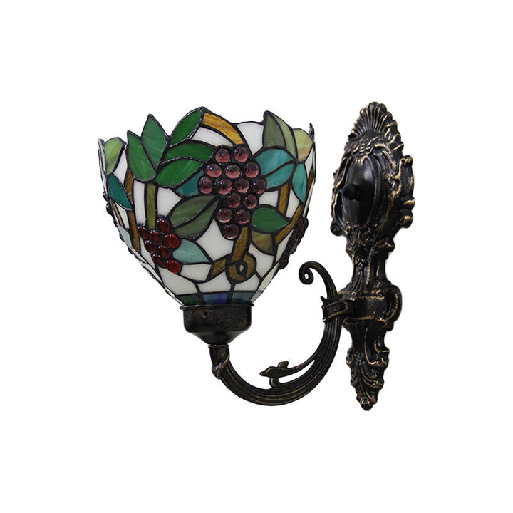 Lisslune | Tiffany Bowl Wall Lamp 1 Head Etched Glass Grape Pattern Wall Mount Lamp in Green and White/Black