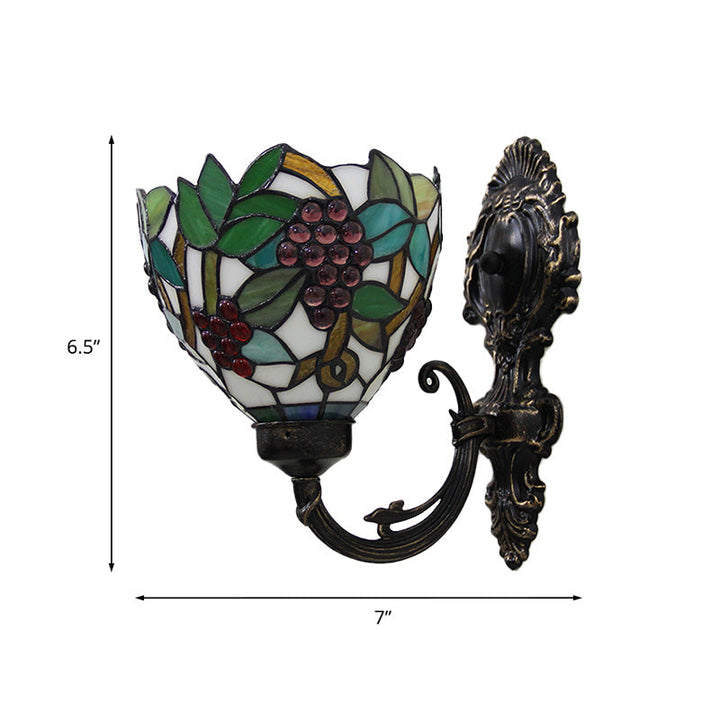Lisslune | Tiffany Bowl Wall Lamp 1 Head Etched Glass Grape Pattern Wall Mount Lamp in Green and White/Black