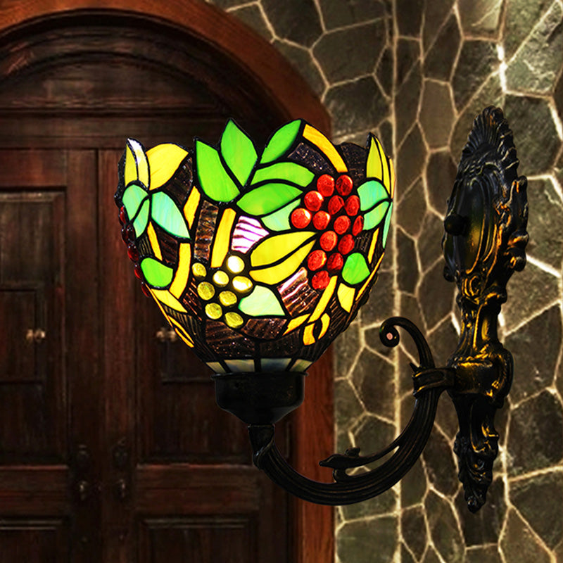 Lisslune | Tiffany Bowl Wall Lamp 1 Head Etched Glass Grape Pattern Wall Mount Lamp in Green and White/Black