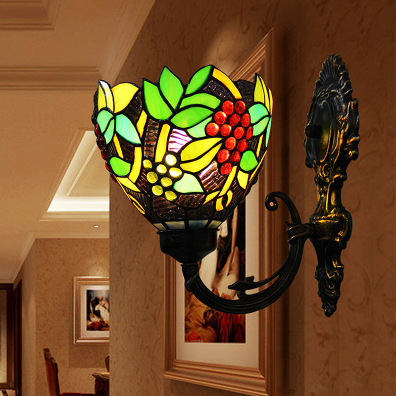 Lisslune | Tiffany Bowl Wall Lamp 1 Head Etched Glass Grape Pattern Wall Mount Lamp in Green and White/Black