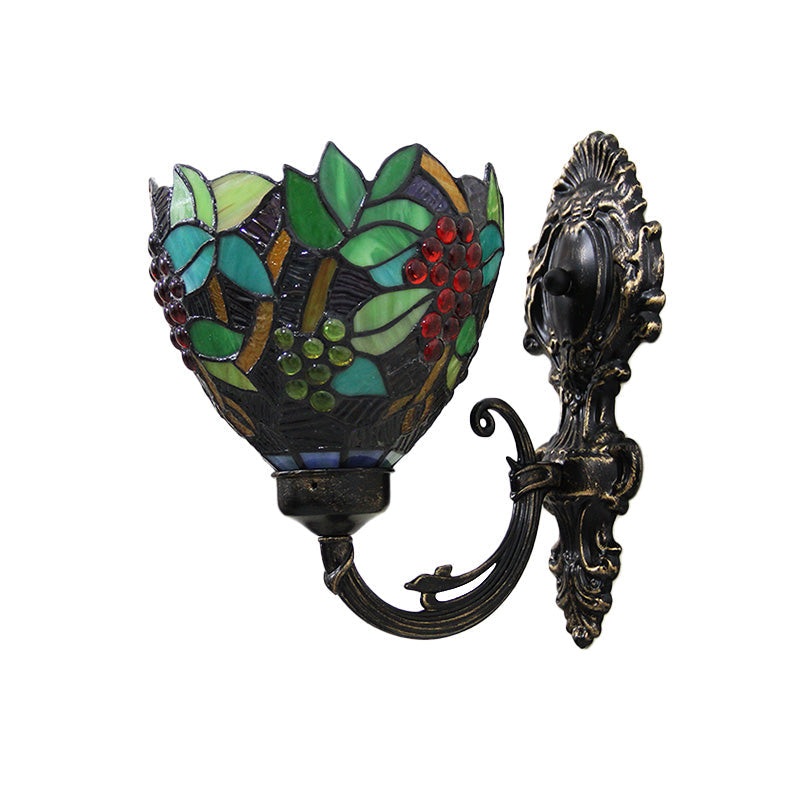Lisslune | Tiffany Bowl Wall Lamp 1 Head Etched Glass Grape Pattern Wall Mount Lamp in Green and White/Black