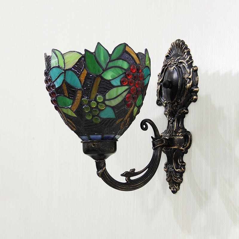 Lisslune | Tiffany Bowl Wall Lamp 1 Head Etched Glass Grape Pattern Wall Mount Lamp in Green and White/Black