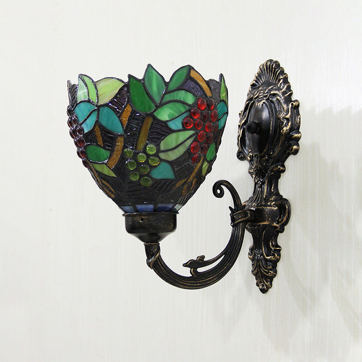 Lisslune | Tiffany Bowl Wall Lamp 1 Head Etched Glass Grape Pattern Wall Mount Lamp in Green and White/Black