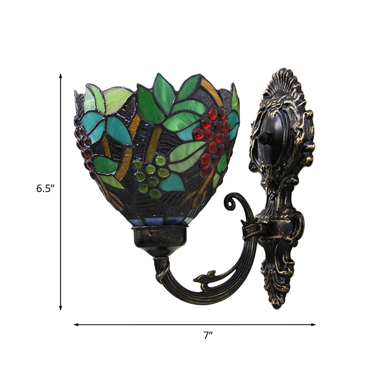 Lisslune | Tiffany Bowl Wall Lamp 1 Head Etched Glass Grape Pattern Wall Mount Lamp in Green and White/Black