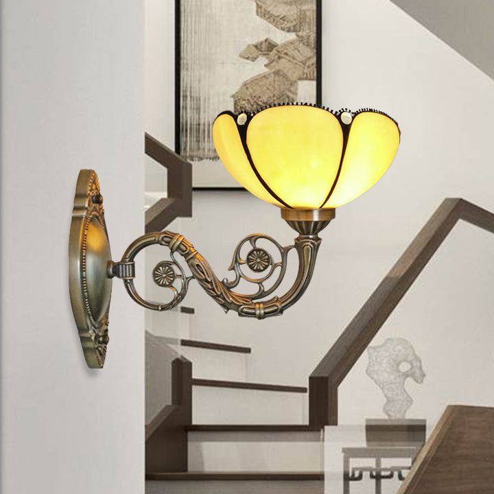 Lisslune | Bronze 1 Light Wall Sconce Baroque Beige Colored Glass Fluted Wall Lamp with Curved Arm