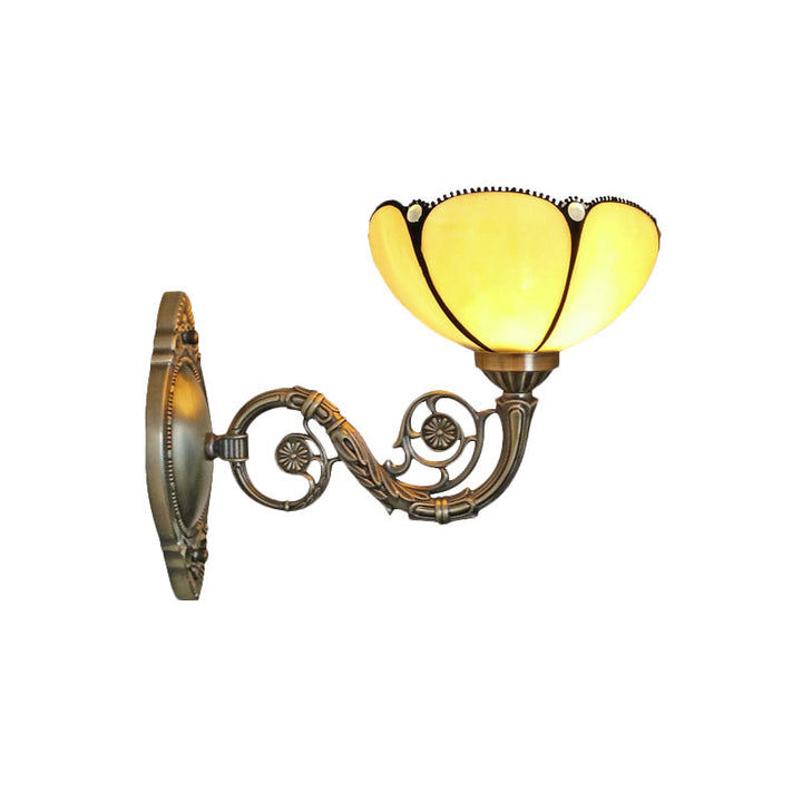 Lisslune | Bronze 1 Light Wall Sconce Baroque Beige Colored Glass Fluted Wall Lamp with Curved Arm