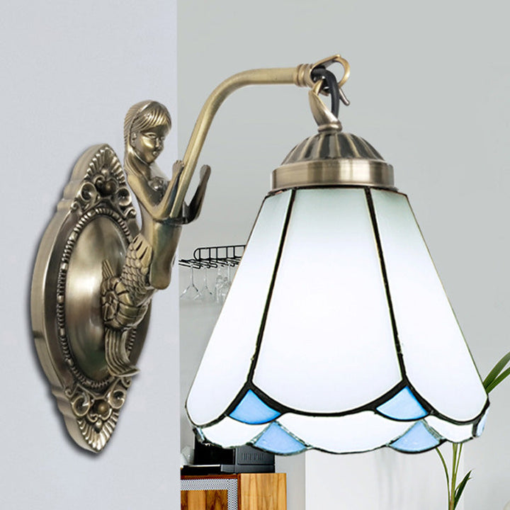 Lisslune | 1 Head Cone-shaped Wall Sconces Lighting Mission White/Beige Glass Wall-mounted Light Set with Mermaid Backplate