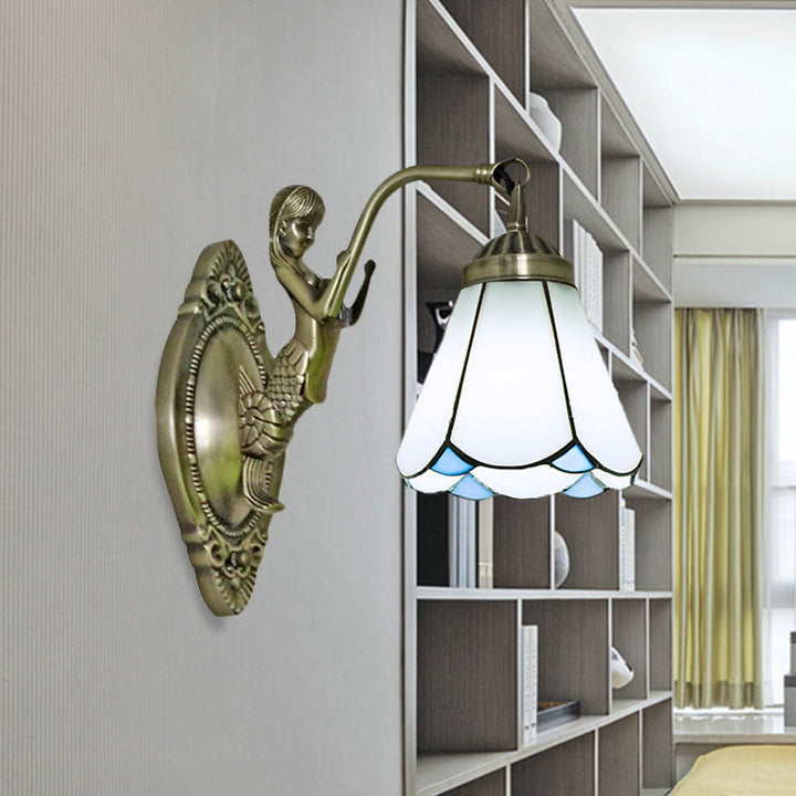 Lisslune | 1 Head Cone-shaped Wall Sconces Lighting Mission White/Beige Glass Wall-mounted Light Set with Mermaid Backplate