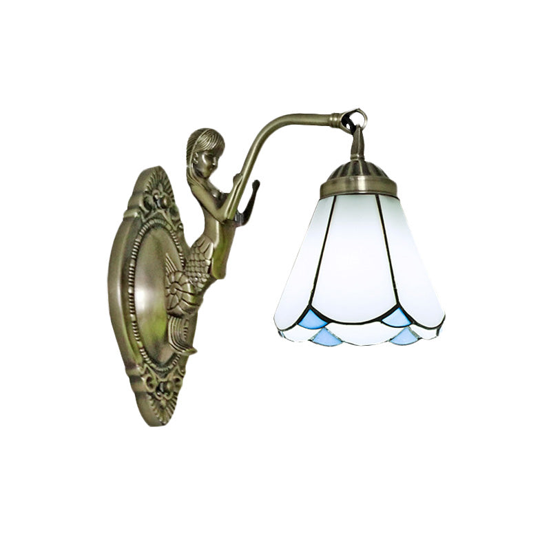 Lisslune | 1 Head Cone-shaped Wall Sconces Lighting Mission White/Beige Glass Wall-mounted Light Set with Mermaid Backplate