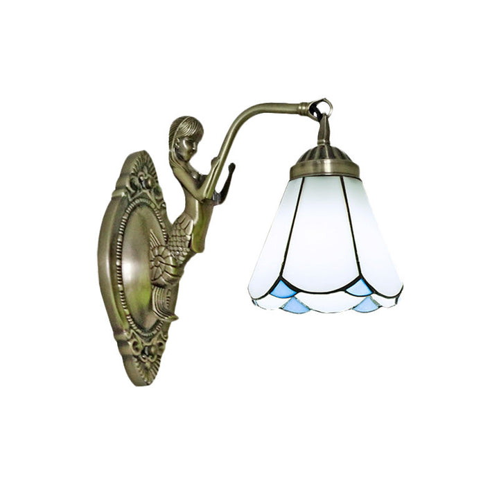 Lisslune | 1 Head Cone-shaped Wall Sconces Lighting Mission White/Beige Glass Wall-mounted Light Set with Mermaid Backplate
