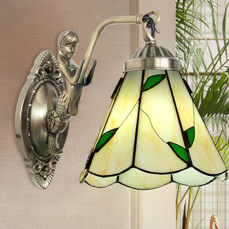 Lisslune | 1 Head Cone-shaped Wall Sconces Lighting Mission White/Beige Glass Wall-mounted Light Set with Mermaid Backplate