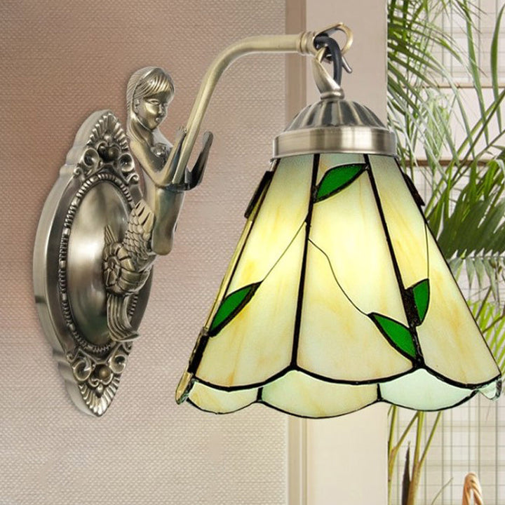 Lisslune | 1 Head Cone-shaped Wall Sconces Lighting Mission White/Beige Glass Wall-mounted Light Set with Mermaid Backplate