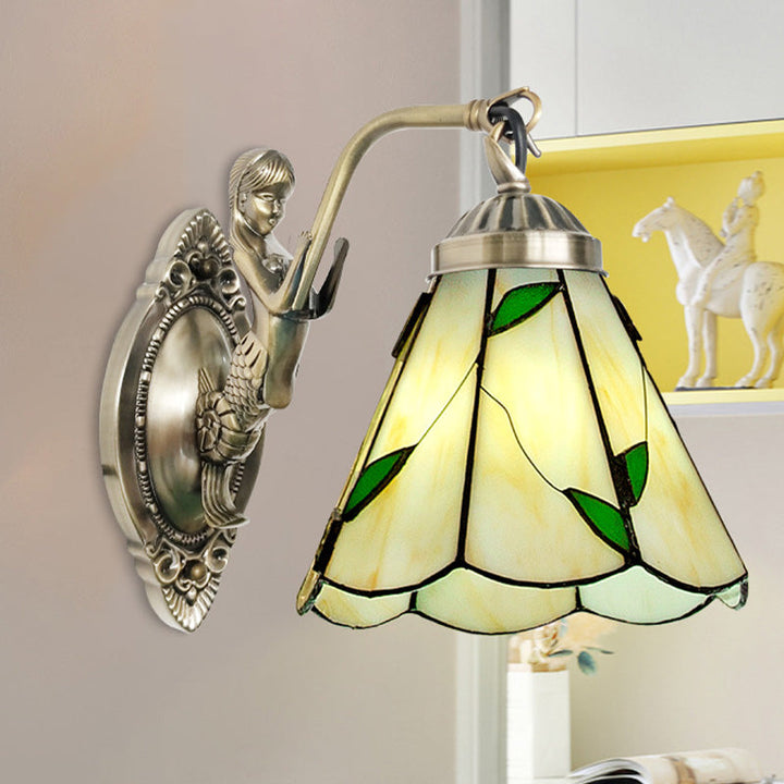 Lisslune | 1 Head Cone-shaped Wall Sconces Lighting Mission White/Beige Glass Wall-mounted Light Set with Mermaid Backplate