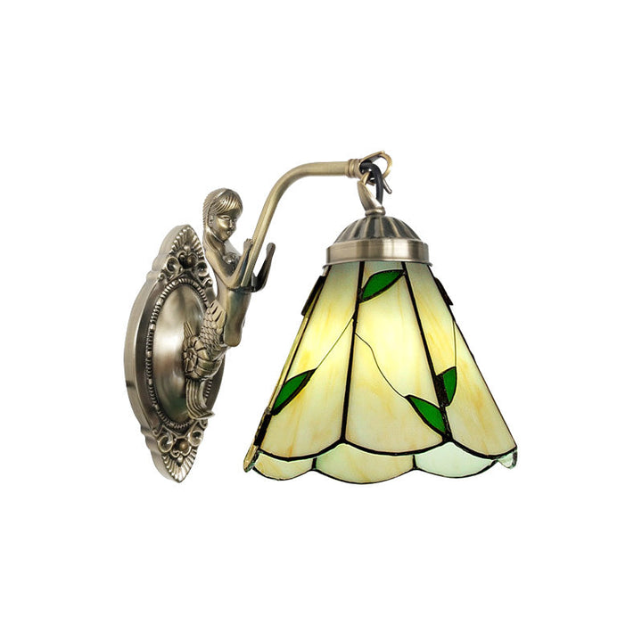 Lisslune | 1 Head Cone-shaped Wall Sconces Lighting Mission White/Beige Glass Wall-mounted Light Set with Mermaid Backplate