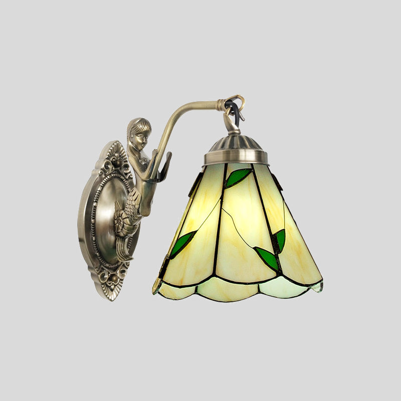 Lisslune | 1 Head Cone-shaped Wall Sconces Lighting Mission White/Beige Glass Wall-mounted Light Set with Mermaid Backplate