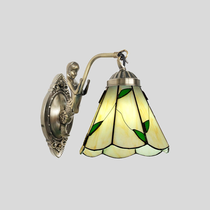 Lisslune | 1 Head Cone-shaped Wall Sconces Lighting Mission White/Beige Glass Wall-mounted Light Set with Mermaid Backplate